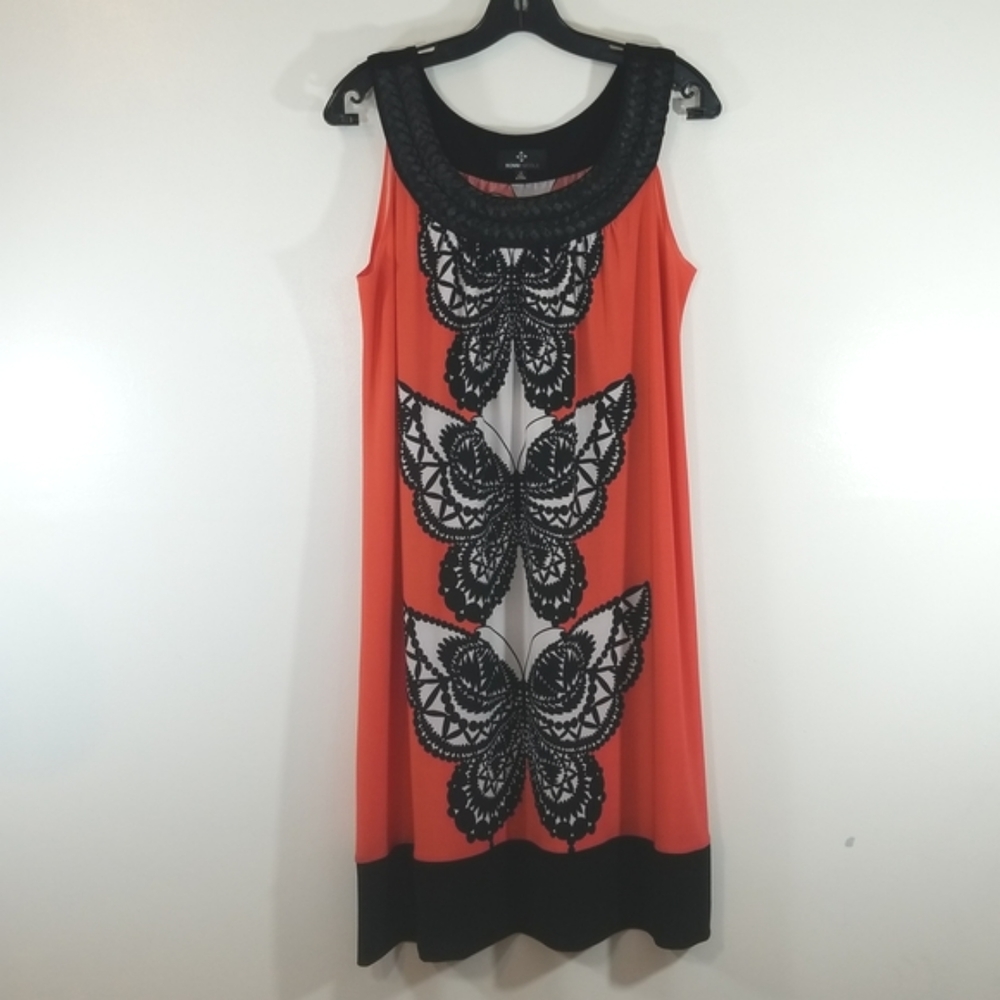 Ronni Nicole Butterfly Print Black & Coral Dress 12